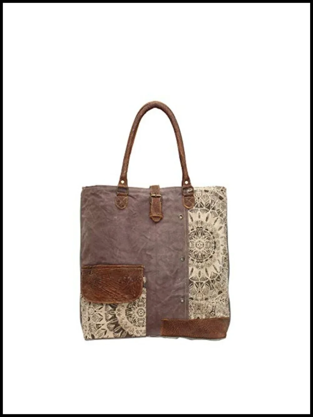 Canvas Boho Tote with Buffalo Leather Strap, Geometric Pattern